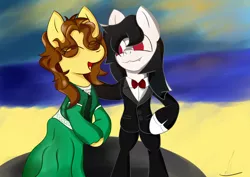 Size: 3100x2200 | Tagged: safe, artist:almaustral, derpibooru import, oc, oc:billy rose, oc:lighting wind, unofficial characters only, pegasus, semi-anthro, bowtie, clothes, dress, eyes closed, female, image, male, open mouth, pegasus oc, png, smiling, straight, suit, wedding dress, wings