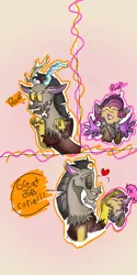 Size: 540x1080 | Tagged: safe, artist:cocolove2176, derpibooru import, discord, oc, oc:coraliss rose, draconequus, hybrid, draconequus oc, duo, eyes closed, father and child, father and daughter, female, heart, image, interspecies offspring, jpeg, male, offspring, parent:discord, parent:fluttershy, parents:discoshy, petting, roar, talking