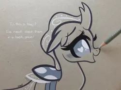 Size: 3325x2473 | Tagged: safe, artist:emberslament, derpibooru import, ocellus, changedling, changeling, blushing, boop, cute, diaocelles, female, fourth wall, happy, heart eyes, image, monochrome, open mouth, pencil, pencil boop, photo, png, quadrupedal, solo, speech, sweet dreams fuel, talking, traditional art, wingding eyes