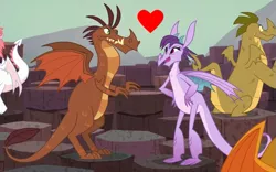Size: 649x406 | Tagged: safe, derpibooru import, edit, edited screencap, screencap, amarant, barry, billy (dragon), fizzle, prominence, dragon, gauntlet of fire, crack shipping, cropped, dragoness, dragon lands, female, heart, image, male, png, promarry, shipping, straight