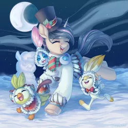 Size: 3000x3000 | Tagged: safe, artist:neonishe, derpibooru import, oc, grookey, pony, scorbunny, sobble, unicorn, clothes, commission, crescent moon, eyes closed, hat, image, moon, night, png, pokemon sword and shield, pokémon, scarf, snow, snowpony, winter, winter outfit