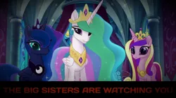 Size: 1280x718 | Tagged: safe, derpibooru import, princess cadance, princess celestia, princess luna, pony, my little pony: the movie, 1984, always watching, caption, dark background, image, jpeg, looking at you, smiling, text