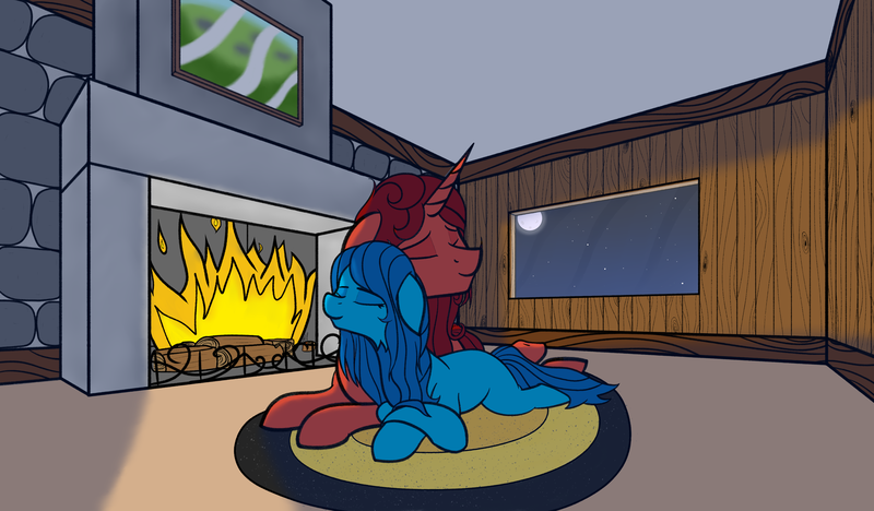 Size: 3639x2129 | Tagged: safe, artist:justapone, derpibooru import, oc, oc:blossom oak, oc:frolic rune, earth pony, pony, unicorn, blue coat, blue mane, carpet, colored, couple, cuddling, cute, earth pony oc, eyes closed, female, fireplace, horn, image, indoors, lying down, male, mat, moon, night, night sky, painting, png, practice drawing, red coat, red mane, scenery, shading, shading practice, sky, smiling, stars, unicorn oc, window