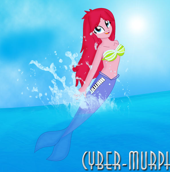 Size: 1560x1576 | Tagged: safe, artist:cyber-murph, derpibooru import, raspberry fluff, mermaid, equestria girls, rainbow rocks, background human, belly, belly button, bra, breach, clothes, cute, image, mermaidized, midriff, ocean, pearl, png, seashell bra, signature, species swap, splash, underwear