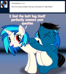Size: 7200x8070 | Tagged: safe, artist:agkandphotomaker2000, derpibooru import, vinyl scratch, oc, oc:pony video maker, pegasus, pony, unicorn, tumblr:pony video maker's blog, ask, butthug, canon x oc, dialogue, female, hug, hugging a butt, image, looking at you, male, png, shipping, show accurate, simple background, straight, tumblr, videoscratch