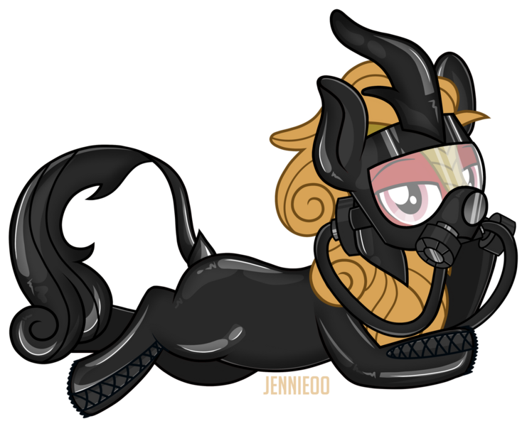 Size: 1280x1037 | Tagged: safe, artist:jennieoo, derpibooru import, oc, oc:kagutsuchi, unofficial characters only, kirin, cute, gas mask, image, latex, latex suit, lying down, male, mask, png, prone, sexy, show accurate, simple background, solo, stallion, transparent background