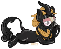 Size: 1280x1037 | Tagged: safe, artist:jennieoo, derpibooru import, oc, oc:kagutsuchi, unofficial characters only, kirin, cute, gas mask, image, latex, latex suit, lying down, male, mask, png, prone, sexy, show accurate, simple background, solo, stallion, transparent background