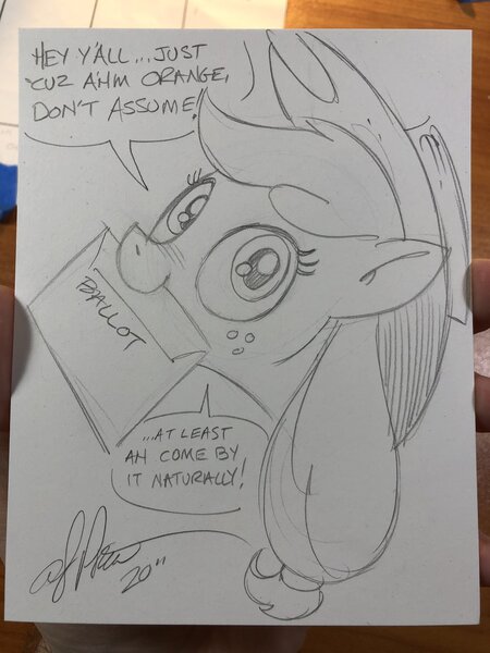 Size: 1536x2048 | Tagged: safe, artist:andypriceart, derpibooru import, applejack, earth pony, pony, accent, andy you magnificent bastard, applejack's hat, ballot, cowboy hat, female, freckles, hat, image, implied donald trump, jpeg, mare, mouth hold, nose wrinkle, pencil drawing, politics, sketch, solo, traditional art, vote, voting, y'all