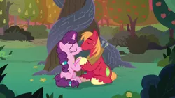 Size: 1920x1080 | Tagged: safe, derpibooru import, screencap, big macintosh, sugar belle, the big mac question, apple, apple tree, female, food, holding hooves, image, intertwined trees, kissing, male, pear tree, png, rock, shipping, straight, sugarmac, tree