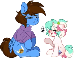 Size: 1118x873 | Tagged: safe, artist:cottonsweets, derpibooru import, oc, oc:cottonsweets, oc:pegasusgamer, pegasus, unicorn, chest fluff, clothes, confused, eyes closed, happy, horn, image, png, simple background, sitting, sweater, transparent background, wings