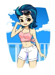 Size: 633x863 | Tagged: safe, artist:twilite-sparkleplz, derpibooru import, indigo zap, equestria girls, adorasexy, belly button, big eyes, breasts, cleavage, clothes, cute, eyelashes, female, image, midriff, png, sexy, short shirt, shorts, side knot midriff, sleeveless, solo, sunglasses, sunglasses on head, tanktop