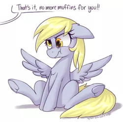 Size: 1759x1747 | Tagged: safe, artist:datte-before-dawn, artist:dsp2003, derpibooru import, derpy hooves, pegasus, pony, :t, angry, bad pony, chest fluff, collaboration, cute, derpabetes, dialogue, ear fluff, female, floppy ears, food, frog (hoof), frown, glare, grumpy, image, madorable, mare, muffin, nose wrinkle, offscreen character, png, pure unfiltered evil, scrunchy face, simple background, sitting, solo, speech bubble, spread wings, that pony sure does love muffins, this will end in death, this will end in tears, this will end in tears and/or death, underhoof, white background, wings
