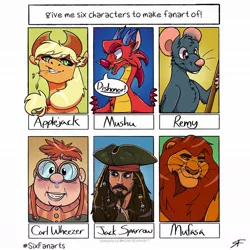 Size: 1080x1080 | Tagged: safe, derpibooru import, applejack, anthro, big cat, dragon, earth pony, eastern dragon, human, lion, pony, rat, six fanarts, anthro with ponies, carl wheezer, crossover, female, glasses, hat, image, jack sparrow, jimmy neutron, jpeg, male, mare, mufasa, mulan, mushu, pirate hat, pirates of the caribbean, ratatouille, remy, straw in mouth, the lion king