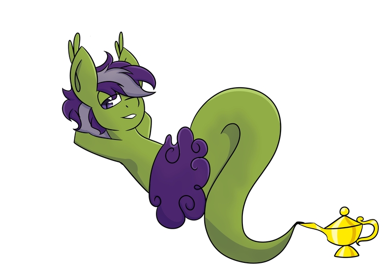 Size: 3508x2480 | Tagged: safe, artist:askhypnoswirl, derpibooru import, oc, oc:grey seeking dusk, unofficial characters only, bat pony, genie, genie pony, pony, arm behind head, floating, high res, image, jpeg, lamp, looking at you, magic lamp, male, simple background, smiling, smoke, solo, stallion, white background