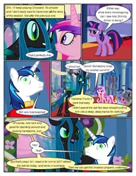 Size: 612x792 | Tagged: safe, artist:newbiespud, derpibooru import, edit, edited screencap, screencap, berry punch, berryshine, bon bon, caesar, coco crusoe, count caesar, fine line, lyra heartstrings, masquerade, maxie, minuette, north star, ponet, princess cadance, queen chrysalis, royal ribbon, shining armor, sweetie drops, twilight sparkle, changeling, changeling queen, pony, unicorn, comic:friendship is dragons, a canterlot wedding, angry, background pony audience, clothes, comic, dialogue, dress, female, frown, grin, hat, image, male, mare, mind control, monocle, png, screencap comic, smiling, stallion, top hat, unicorn twilight, wide eyes