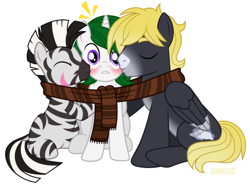 Size: 1200x902 | Tagged: safe, artist:jennieoo, derpibooru import, oc, oc:crashing thunder, oc:lost way, oc:zenith night, pegasus, pony, unicorn, zebra, blushing, clothes, cuddling, eyes closed, hug, image, kissing, male, png, scarf, shared clothing, shared scarf, shocked, simple background, sitting, surprise kiss, surprised, teeth, transparent background, trio, trio male, vector, zebra oc