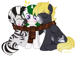 Size: 1200x902 | Tagged: safe, artist:jennieoo, derpibooru import, oc, oc:crashing thunder, oc:lost way, oc:zenith night, pegasus, pony, unicorn, zebra, blushing, clothes, cuddling, eyes closed, hug, image, kissing, male, png, scarf, shared clothing, shared scarf, shocked, simple background, sitting, surprise kiss, surprised, teeth, transparent background, trio, trio male, vector, zebra oc