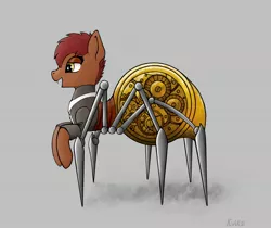 Size: 2522x2118 | Tagged: safe, artist:kviksi, derpibooru import, oc, unofficial characters only, monster pony, original species, spiderpony, brown hair, clothes, fangs, gears, gray background, image, jpeg, mechanism, simple background, steampunk, yellow eyes