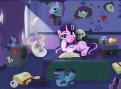 Size: 2047x1511 | Tagged: safe, artist:aanotherpony, derpibooru import, edit, edited screencap, screencap, starlight glimmer, pony, unicorn, bed, book, boots, bubblegum, choker, clothes, ear piercing, earring, edgelight glimmer, emo, food, goth, guitar, gum, image, jewelry, jpeg, lying down, musical instrument, piercing, shoes, solo, starlight's room, teenage glimmer, teenager, younger