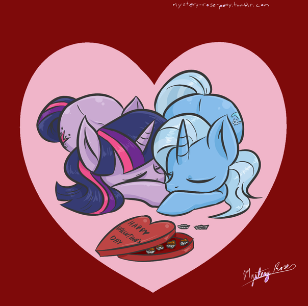 Size: 1240x1232 | Tagged: safe, artist:mysteryrose, derpibooru import, edit, trixie, twilight sparkle, pony, unicorn, chocolate, eyes closed, female, food, heart, holiday, image, lesbian, mare, png, red background, shipping, simple background, sleeping, twixie, unicorn twilight, valentine's day