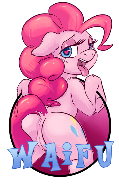 Size: 825x1275 | Tagged: explicit, artist:hobbes-maxwell, derpibooru import, pinkie pie, earth pony, pony, ahegao, anus, badge, balloonbutt, butt, dock, floppy ears, fourth wall, heart eyes, image, jpeg, looking at you, looking back, looking back at you, nudity, open mouth, ponut, raised tail, simple background, solo, tail, tongue out, vulva, waifu, waifu badge, white background, wingding eyes