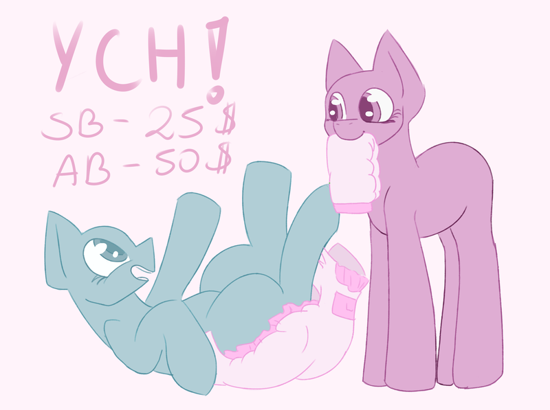 Size: 2408x1796 | Tagged: questionable, artist:mermaidkuki, derpibooru import, earth pony, pony, abdl, adult foal, ageplay, commission, diaper, diaper change, diaper fetish, duo, fetish, image, legs in air, lewd, non-baby in diaper, png, poofy diaper, raised hoof, wet diaper, ych example, ych sketch, your character here
