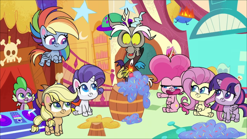 Size: 1280x720 | Tagged: safe, derpibooru import, screencap, applejack, discord, fluttershy, pinkie pie, rainbow dash, rarity, spike, twilight sparkle, twilight sparkle (alicorn), alicorn, draconequus, dragon, earth pony, pegasus, pony, unicorn, my little pony: pony life, spoiler:pony life s02e27, birthday party, candle, female, image, male, mane seven, mane six, mare, one last wish, party, png, sugarcube corner, winged spike