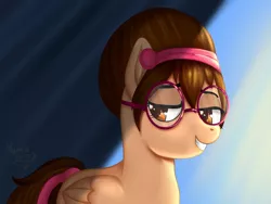 Size: 4000x3000 | Tagged: safe, artist:yumomochan, derpibooru import, oc, oc:beauty paint, pegasus, pony, blue background, eyes half closed, female, glasses, hairband, image, mare, original character do not steal, pegasus oc, png, shadow, simple background, smiling, wings