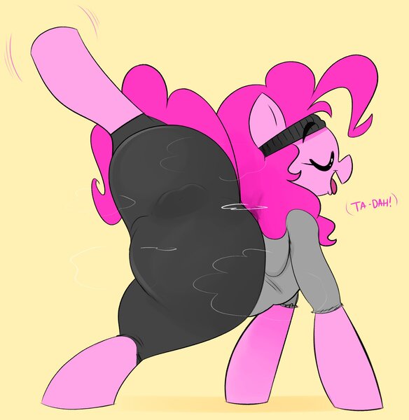 Size: 1948x2000 | Tagged: questionable, artist:ota, derpibooru import, pinkie pie, pony, anus cameltoe, balloonbutt, butt, cameltoe, clothes, eyes closed, female, hoodie, image, jpeg, legs in air, pants, simple background, solo, solo female, stretching, sweatband, the ass was fat, tongue out, vertical split, yellow background, yoga pants