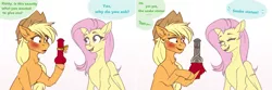 Size: 7087x2362 | Tagged: suggestive, artist:buvanybu, derpibooru import, applejack, fluttershy, earth pony, pegasus, pony, snake, 2 panel comic, blushing, blushing profusely, comic, eyes closed, female, gift wrapped, image, innuendo, mare, not a dildo, painfully innocent fluttershy, phallic, png, smiling, statue, sweat, sweatdrop