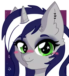 Size: 3541x3904 | Tagged: safe, artist:copster, derpibooru import, oc, oc:starlit nightcast, pony, unicorn, blushing, cute, ear fluff, ear piercing, earring, female, gradient background, image, jewelry, looking at you, mare, piercing, png, solo, sparkles, starry eyes, wingding eyes