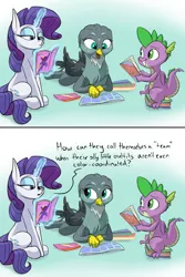 Size: 1280x1920 | Tagged: safe, artist:rocket-lawnchair, derpibooru import, gabby, rarity, spike, dragon, gryphon, pony, unicorn, dragon dropped, 2 panel comic, comic, comic book, female, glowing horn, horn, image, jpeg, magic, magic aura, male, open mouth, power ponies, rarity being rarity, sitting, teeth, trio, winged spike