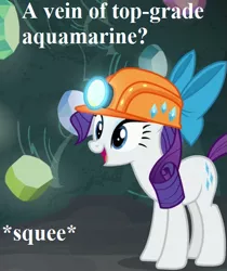 Size: 441x525 | Tagged: safe, derpibooru import, edit, edited screencap, screencap, rarity, rock solid friendship, bow, cropped, cute, female, gem, gem cave, hat, headlamp, helmet, image, mane bow, mining helmet, png, raribetes, solo, squee, that pony sure does love gems