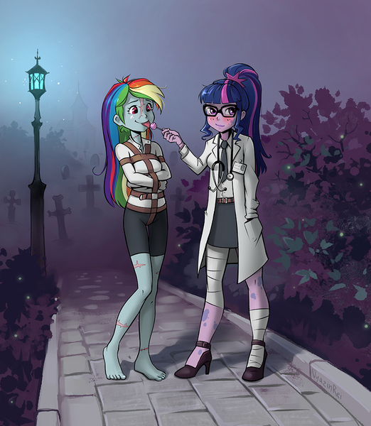 Size: 940x1080 | Tagged: suggestive, artist:vyazinrei, derpibooru import, rainbow dash, sci-twi, twilight sparkle, undead, zombie, equestria girls, barefoot, bondage, breasts, candy, cemetery, clothes, compression shorts, cosplay, costume, feet, female, food, high heels, image, lesbian, night, png, shipping, shoes, skirt, stethoscope, straitjacket, twidash