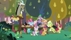 Size: 1920x1080 | Tagged: safe, derpibooru import, screencap, apple bloom, cup cake, discord, granny smith, scootaloo, spike, sweetie belle, draconequus, dragon, earth pony, the big mac question, apple, cutie mark crusaders, floppy ears, food, image, male, pear, pear tree, pie, png, rocking chair, tree, winged spike