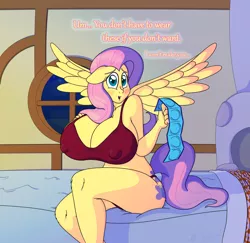 Size: 1864x1811 | Tagged: suggestive, artist:gunpowdergreentea, derpibooru import, fluttershy, anthro, pegasus, bed, big breasts, blushing, breasts, busty fluttershy, clothes, condom, erect nipples, house, huge breasts, image, implied sex, looking at you, nipple outline, open mouth, png, sitting, talking to viewer, this will end in pregnancy, underwear