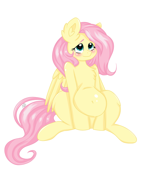 Size: 3185x3733 | Tagged: safe, artist:nightydream, derpibooru import, fluttershy, pegasus, pony, belly, belly button, big belly, blushing, chubby, chubbyshy, fat, fattershy, image, png, simple background, solo, white background