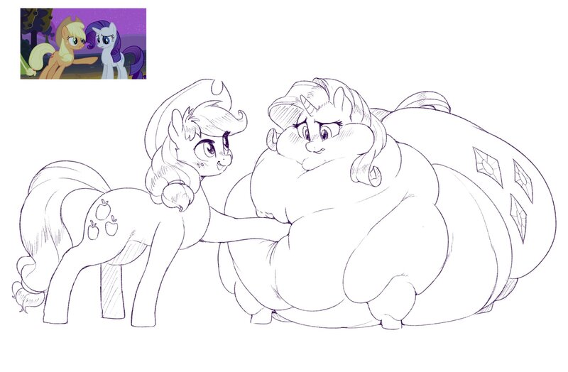 Size: 2000x1309 | Tagged: suggestive, artist:sirmasterdufel, derpibooru import, edit, edited screencap, screencap, applejack, rarity, earth pony, pony, unicorn, sisterhooves social, bingo wings, blushing, chubby cheeks, double chin, duo, duo female, fat, fat fetish, female, fetish, flabby chest, image, implied lesbian, implied rarijack, implied shipping, jpeg, mare, morbidly obese, neck roll, obese, open mouth, raritubby, rolls of fat, screencap reference, simple background, sketch, smiling, standing, white background