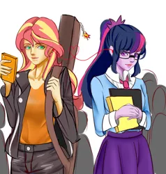 Size: 1000x1050 | Tagged: safe, artist:reinver, derpibooru import, sci-twi, sunset shimmer, twilight sparkle, equestria girls, book, clothes, cutie mark, female, glasses, guitar, headphones, image, jpeg, lesbian, lipstick, musical instrument, phone, scitwishimmer, shipping, simple background, sunsetsparkle, white background