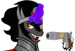 Size: 1219x828 | Tagged: safe, artist:background-conquerer, derpibooru import, edit, vector edit, king sombra, pony, unicorn, delet this, gun, handgun, horn, image, magic, male, pistol, png, simple background, solo, transparent background, vector, weapon