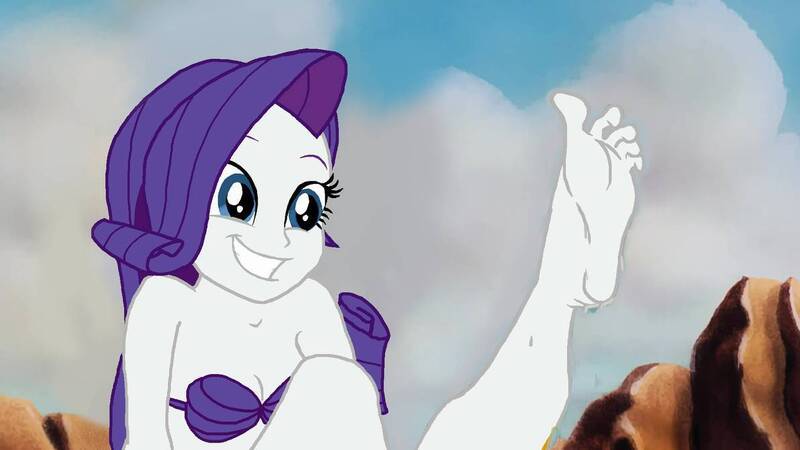 Size: 1192x670 | Tagged: suggestive, artist:zarxnos, derpibooru import, rarity, mermaid, equestria girls, 1000 hours in ms paint, bare shoulders, barefoot, bra, breasts, cleavage, clothes, crossover, cute, feet, female, fetish, foot fetish, happy, image, jpeg, raribetes, seashell bra, smiling, solo, solo female, strapless bikini, stupid sexy rarity, the little mermaid, underwear, what do you call them?
