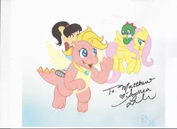 Size: 1024x745 | Tagged: safe, artist:therainbowtroll, derpibooru import, fluttershy, dragon, pony, cassie (dragontales), crossover, cute, dragon tales, dragoness, emmy, female, image, jpeg, mare, shyabetes, signature