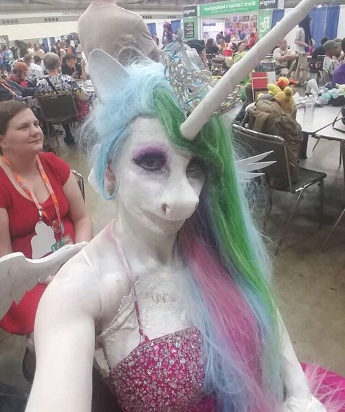 Size: 750x897 | Tagged: safe, derpibooru import, princess celestia, human, bronycon, clothes, cosplay, costume, cursed image, image, irl, irl human, jpeg, makeup, nightmare fuel, photo, united states