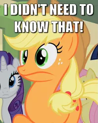 Size: 441x555 | Tagged: safe, derpibooru import, edit, edited screencap, screencap, applejack, fluttershy, rarity, earth pony, pony, over a barrel, caption, female, image, image macro, mare, png, shocked, solo focus, text, too much information