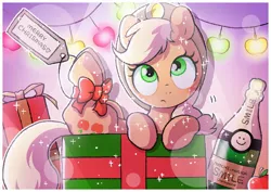 Size: 1457x1032 | Tagged: safe, artist:mochi_nation, derpibooru import, applejack, earth pony, pony, alcohol, applejack's hat, bottle, box, champagne, christmas, christmas lights, cowboy hat, cute, fairy lights, hat, holiday, image, jackabetes, jpeg, pony in a box, present, ribbon, solo, sparkles, string lights, wine