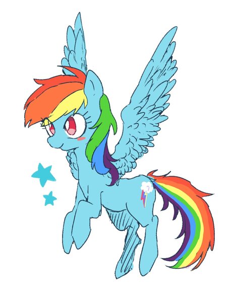 Size: 1076x1396 | Tagged: safe, artist:nota_mano, derpibooru import, rainbow dash, pegasus, pony, blush sticker, blushing, dock, female, image, jpeg, mare, no pupils, simple background, solo, spread wings, stars, white background, wings