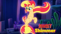 Size: 1280x720 | Tagged: safe, artist:s4rvin, derpibooru import, sunset shimmer, pony, seapony (g4), unicorn, deviantart watermark, dorsal fin, female, fish tail, flowing mane, flowing tail, glow, green eyes, horn, image, jpeg, not fiery shimmer, obtrusive watermark, ocean, seaponified, seapony sunset, seaquestria, seaweed, solo, species swap, tail, underwater, water, watermark