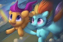 Size: 7400x4996 | Tagged: safe, artist:auroriia, derpibooru import, rainbow dash, scootaloo, pegasus, pony, absurd resolution, cute, duo, female, filly, flying, holding a pony, image, mare, open mouth, png, rainbow, scootalove, spread wings, wind, windswept mane, wings