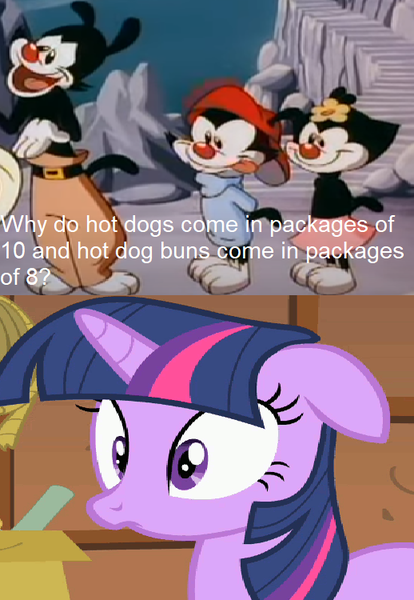 Size: 518x750 | Tagged: safe, derpibooru import, edit, edited screencap, screencap, twilight sparkle, unicorn, the show stoppers, animaniacs, dot warner, floppy ears, image, png, reaction image, unicorn twilight, wakko warner, yakko warner