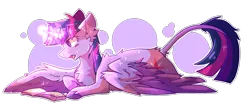 Size: 1652x714 | Tagged: safe, artist:dazzledoves, derpibooru import, twilight sparkle, twilight sparkle (alicorn), alicorn, pony, abstract background, book, cheek fluff, chest fluff, female, glowing horn, horn, image, leonine tail, lying down, magic, open mouth, png, prone, simple background, solo, transparent background, wings